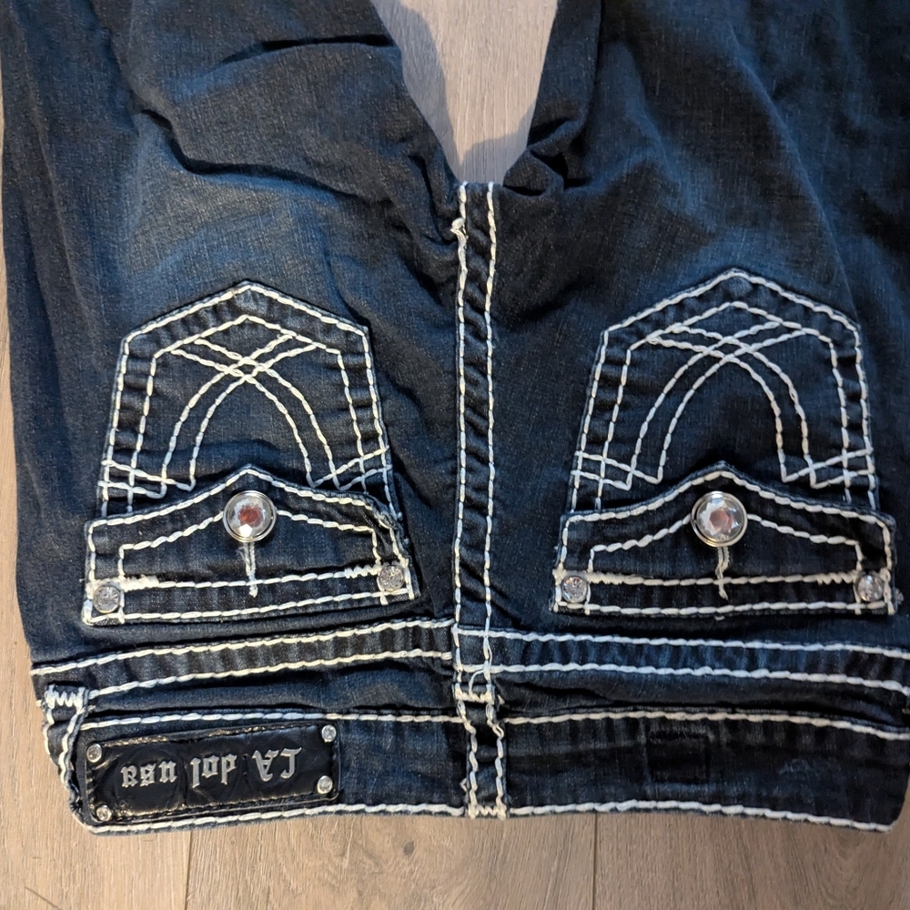 L.A. Idol Dark Blue Boot Cut Jeans with White Stitching - Picture 4 of 4